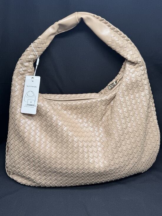 Urban Expressions Handbags - Urban Expressions Laverne Woven Hobo Vegan Handbag Tan 13” Laptop Purse Office
